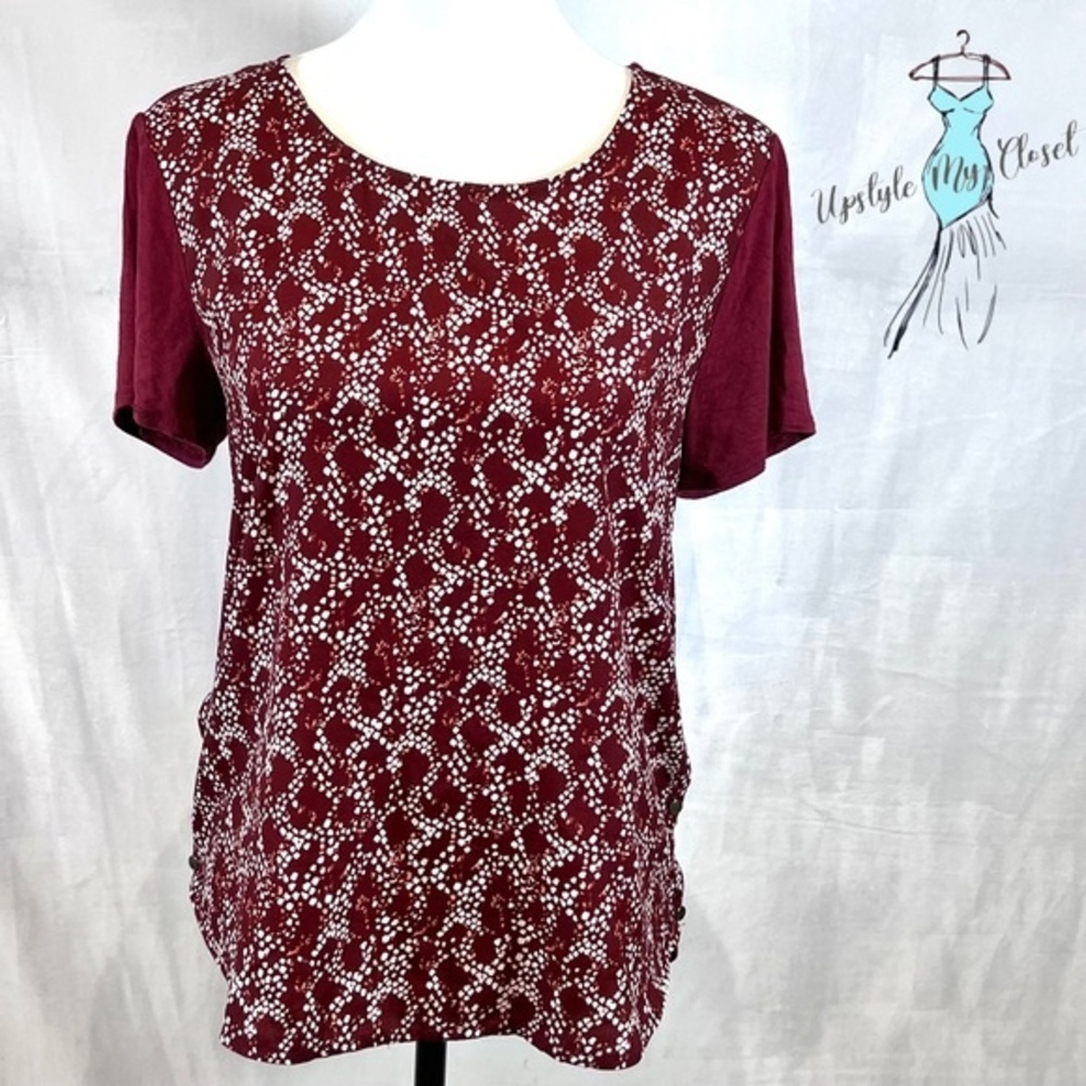 Banana Republic burgundy and white button side mixed media top size small